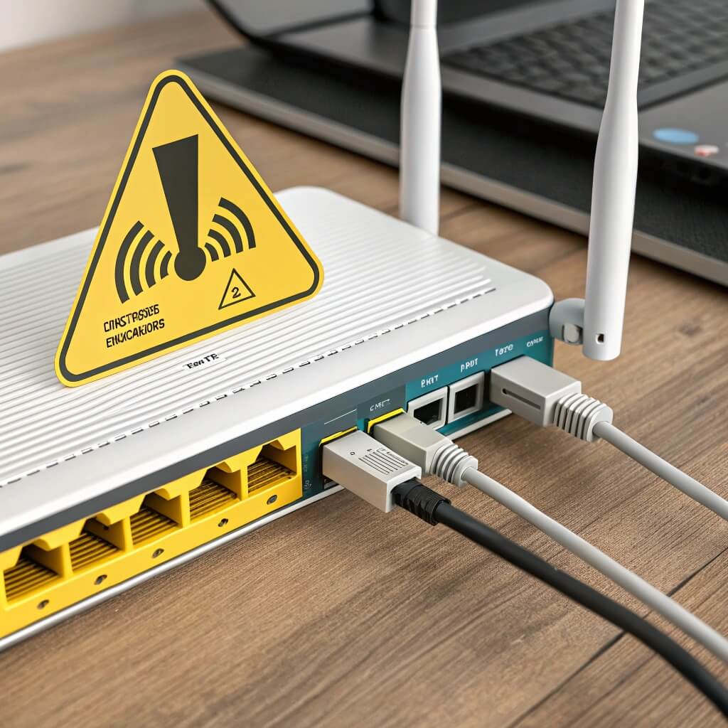 A caution sign overlaying a router with a cable plugged into the wrong port