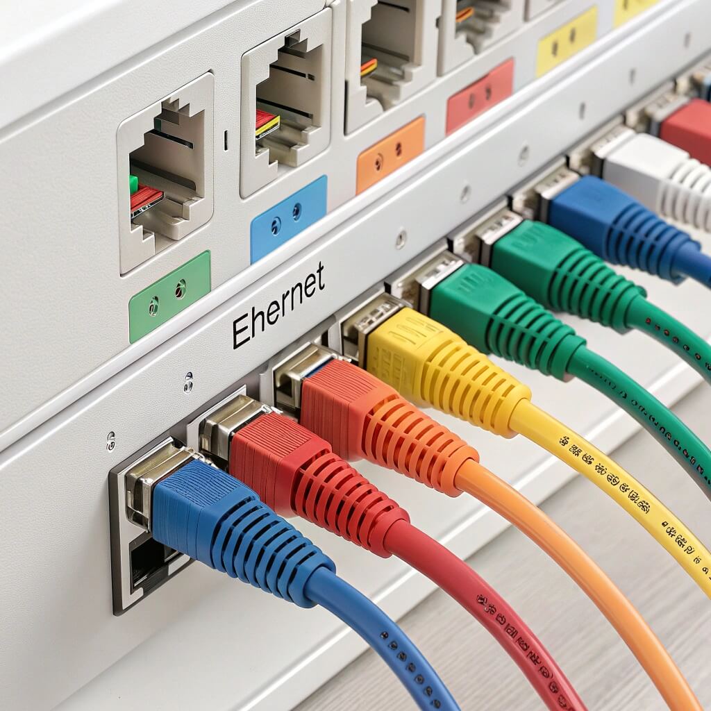 A color-coded Ethernet cable setup with labeled ports