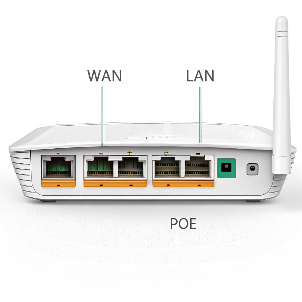 router’s back panel showing WAN, LAN, and PoE ports